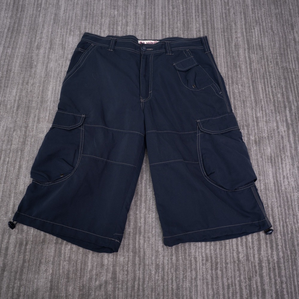 Plugg Cargo Shorts Mens 33 Navy Blue Excellent Bungee Hem Multi Pocket Techwear
